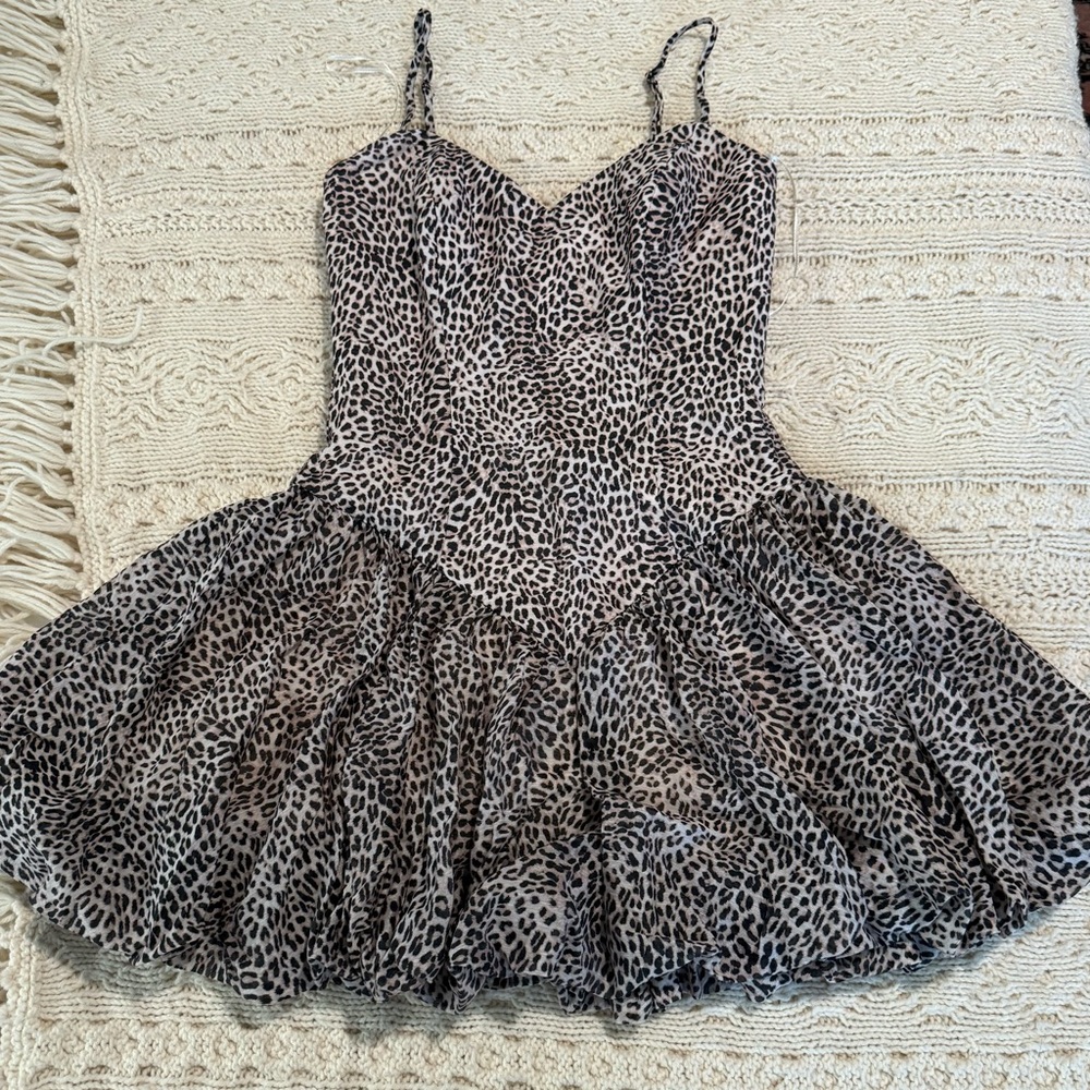 Bardot Leopard Print Bubble Dress with Spaghetti Straps